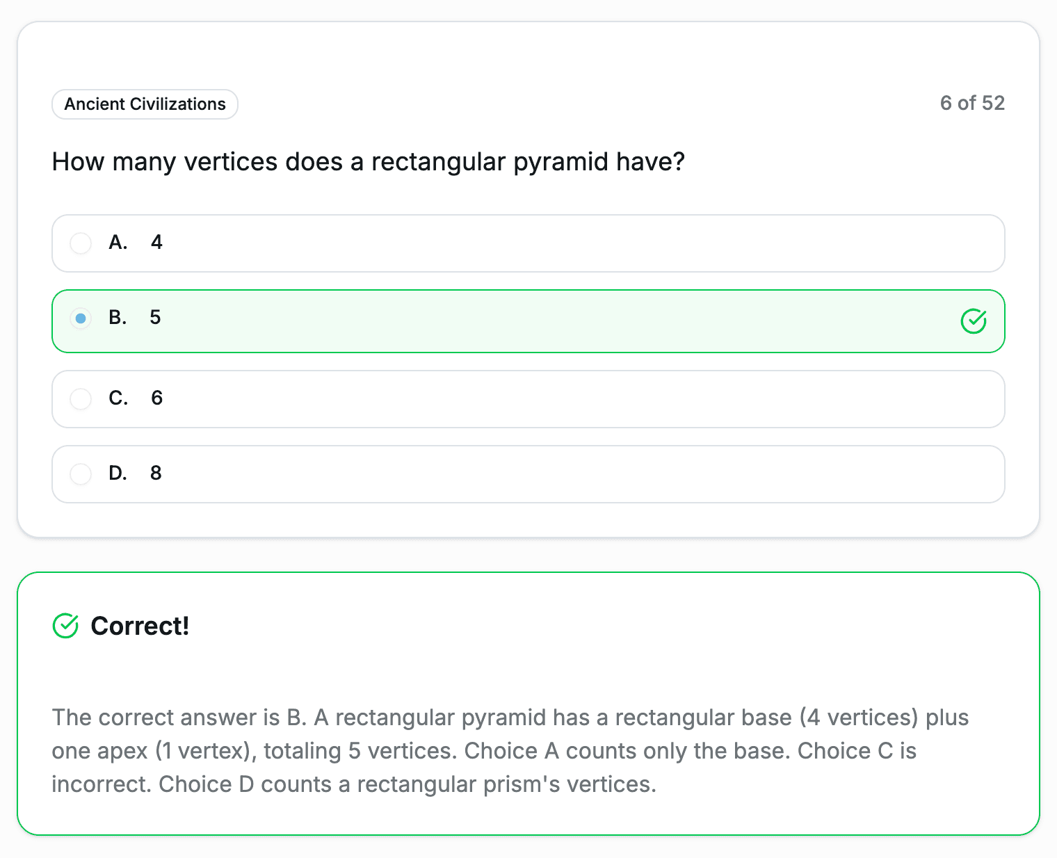 TeacherPreps Practice Test showing multiple choice question with detailed answer explanation