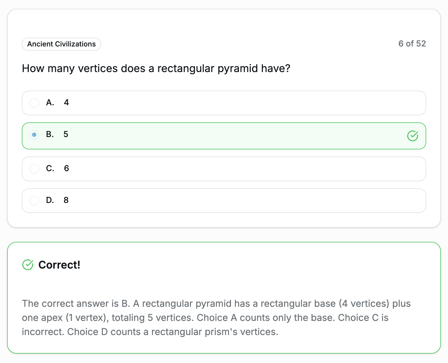 TeacherPreps Practice Test showing multiple choice question with detailed answer explanation