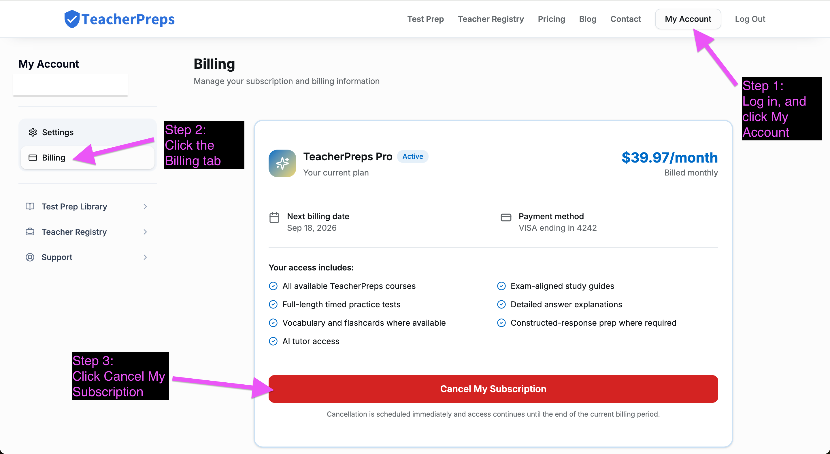TeacherPreps Billing tab showing the large red Cancel My Subscription button